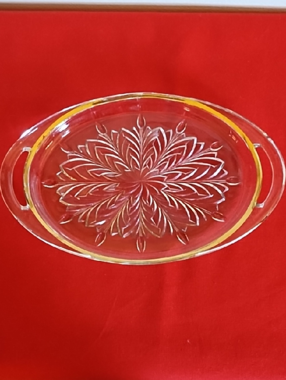 JEANETTE GLASS-HANDLED RELISH TRAY, FEATURING GORGEOUS DETAILED FEATHER PATTERN.